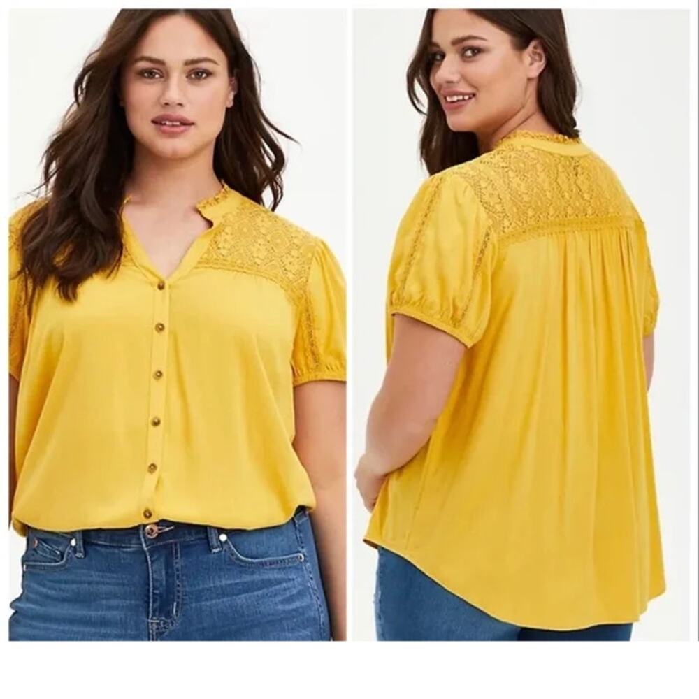 Torrid Button Blouse Womens 2 Mustard Yellow Crochet Lace Inset Puff Sleeve Boho